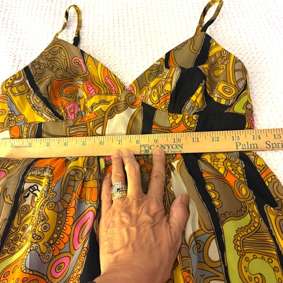 💎Vintage  Trina Turk Orange Yellow Sundress Sleeveless Spaghetti Strap - Picture 7 of 11